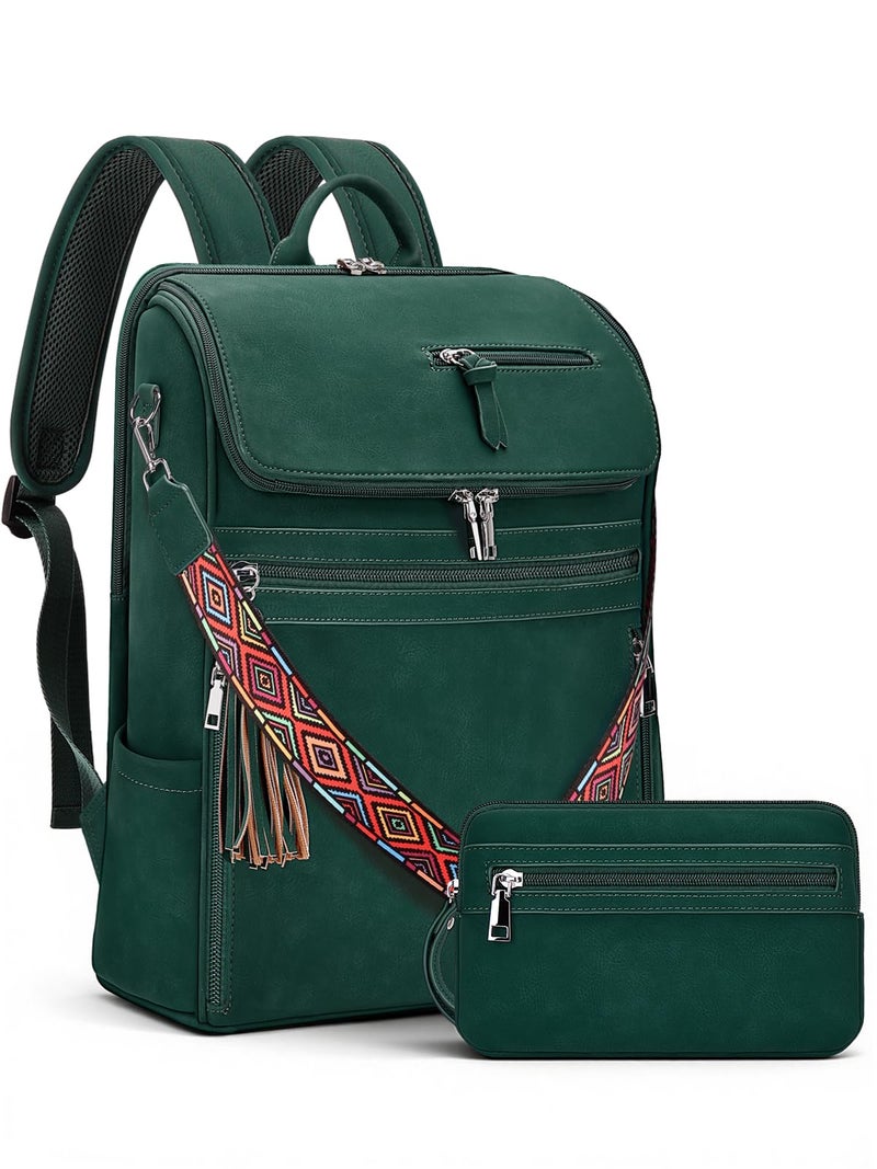 SYTRAH Leather Laptop Backpack for Women Designer Laptop Bag, 16.5 inch Travel Computer Backpacks Purse with Tassel for Work Business with Satchel Purse Green - Image 1
