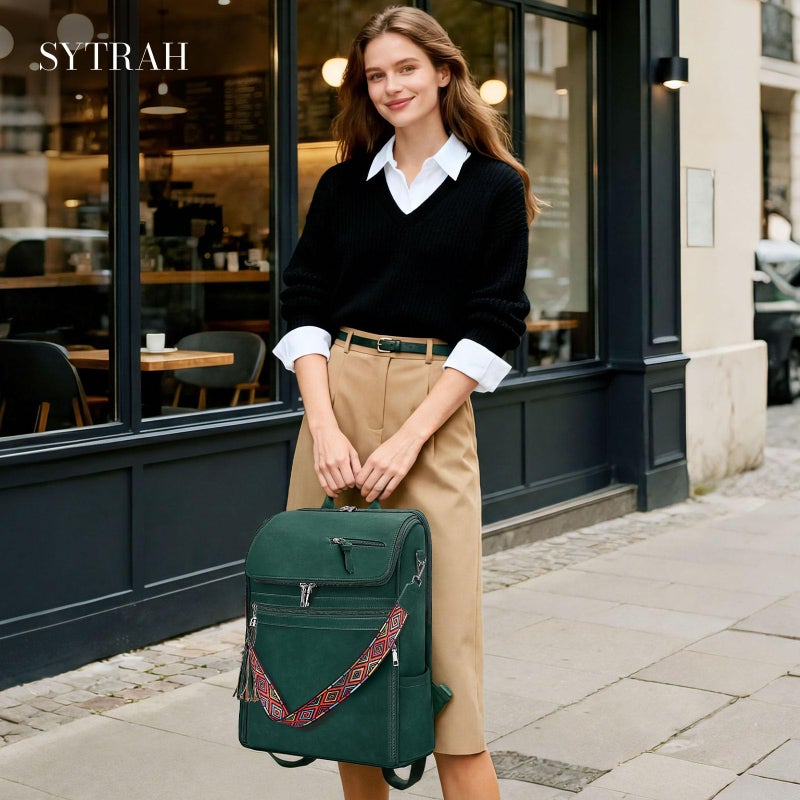 SYTRAH Leather Laptop Backpack for Women Designer Laptop Bag, 16.5 inch Travel Computer Backpacks Purse with Tassel for Work Business with Satchel Purse Green - Image 3