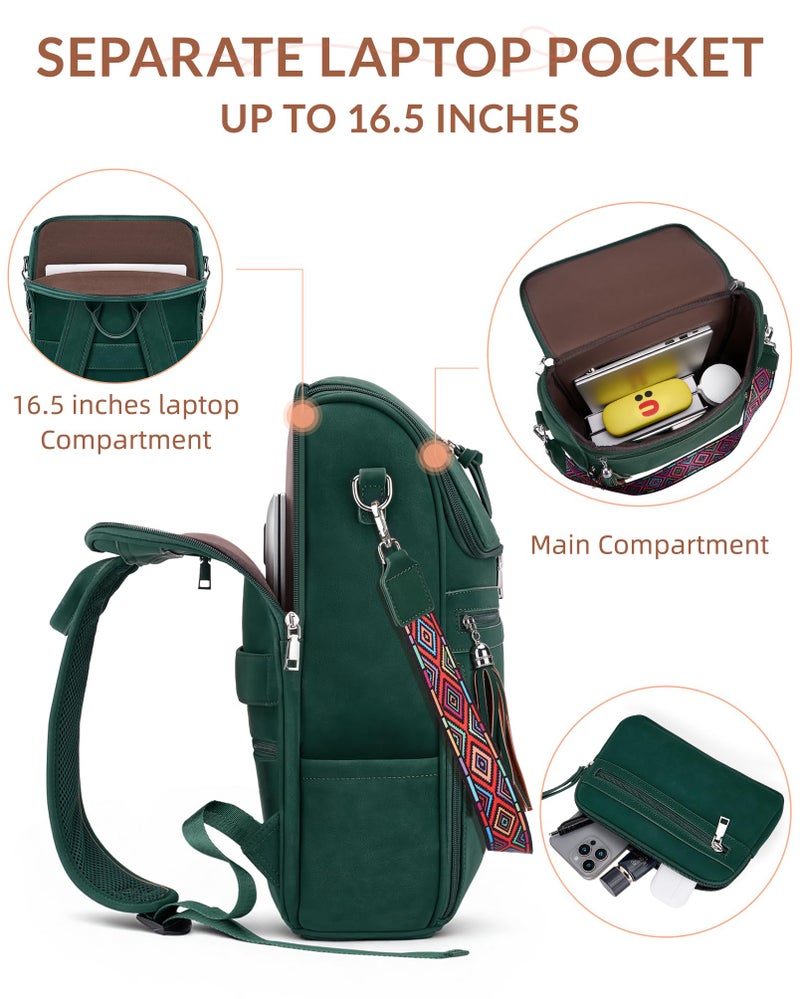 SYTRAH Leather Laptop Backpack for Women Designer Laptop Bag, 16.5 inch Travel Computer Backpacks Purse with Tassel for Work Business with Satchel Purse Green - Image 5