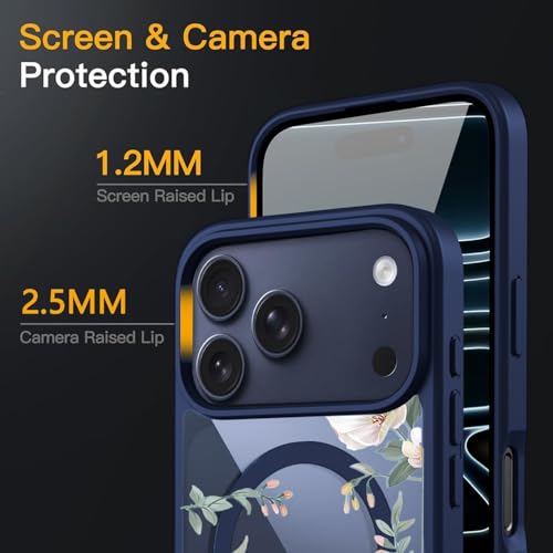 VONZEE Back Cover Case Compatible with iPhone 17 Pro Max, Luxury Retro Flowers Floral Clear for Magnetic Wireless Charging Case Shockproof PC+TPU Cute Glossy Shiny Cover for Girls|6.9''|Navy Blue - Image 5