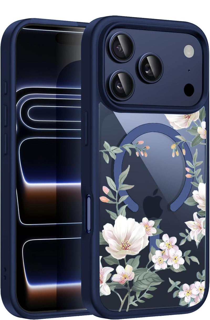 VONZEE Back Cover Case Compatible with iPhone 17 Pro Max, Luxury Retro Flowers Floral Clear for Magnetic Wireless Charging Case Shockproof PC+TPU Cute Glossy Shiny Cover for Girls|6.9''|Navy Blue - Image 1