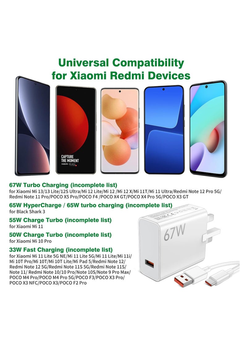 general 67W USB Plug Turbo Charger for Xiaomi, USB Fast Charger Plug with 1M USB C Cable Type A Wall Charger UK Power Adapter for Redmi Note 14/13/ 12/11/ 10 Pro/Mi 15/14T/ 13T/ 12/ 11T/ POCO X6/ X7/X5/X4 GT - Image 3