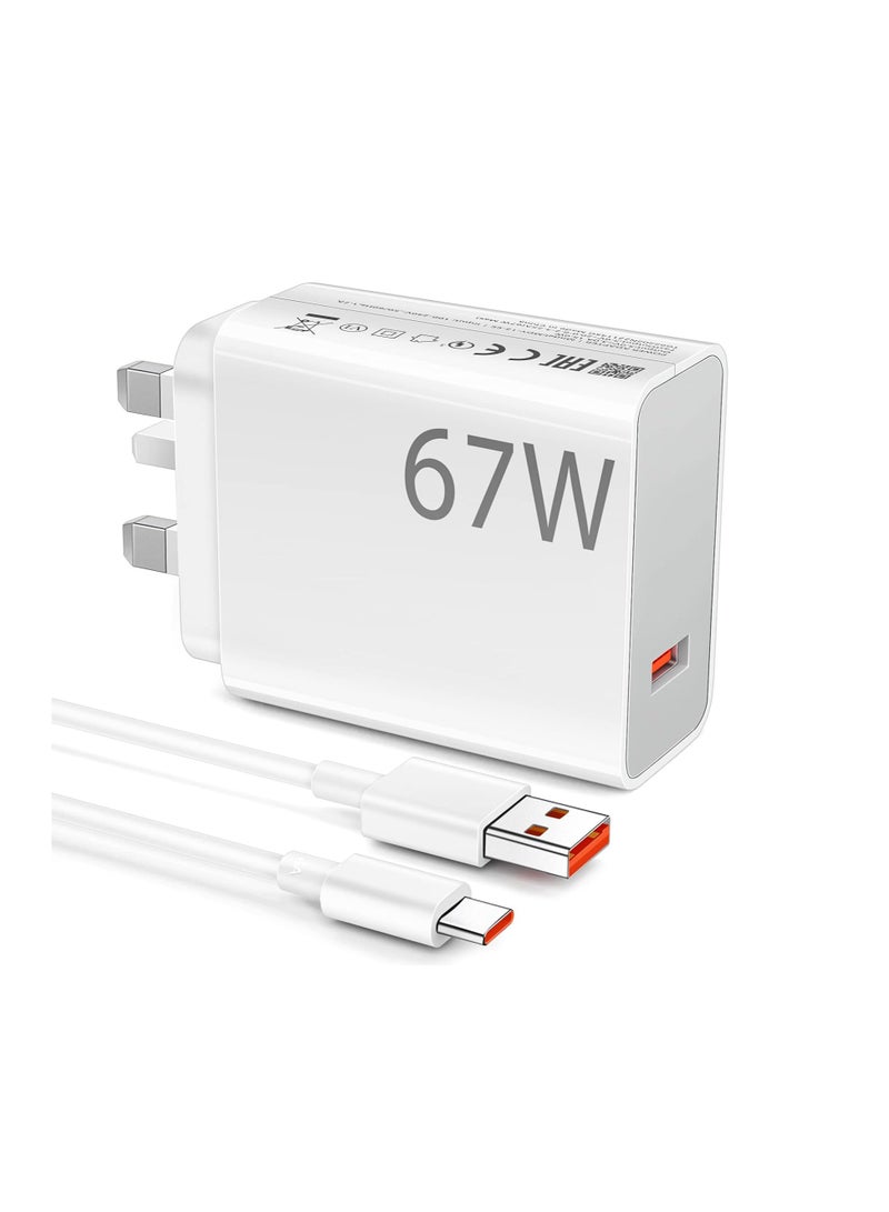 general 67W USB Plug Turbo Charger for Xiaomi, USB Fast Charger Plug with 1M USB C Cable Type A Wall Charger UK Power Adapter for Redmi Note 14/13/ 12/11/ 10 Pro/Mi 15/14T/ 13T/ 12/ 11T/ POCO X6/ X7/X5/X4 GT - Image 1