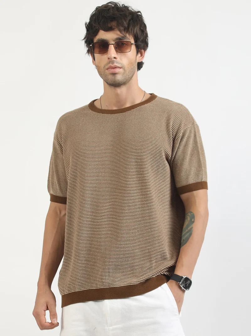 مانياك Maniac Mens Chameleon Printed Round Neck Half Sleeve Biscuit and Yellow Cotton T-Shirt
