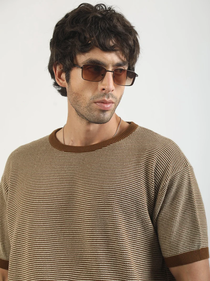 مانياك Maniac Mens Chameleon Printed Round Neck Half Sleeve Biscuit and Yellow Cotton T-Shirt