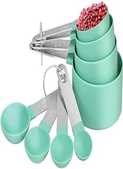 Measuring Cups and Spoons Set of 8 - Plastic Measuring Cup and Spoon with Stainless Steel Handle, Measuring Tool for Liquids and Solids (Teal)