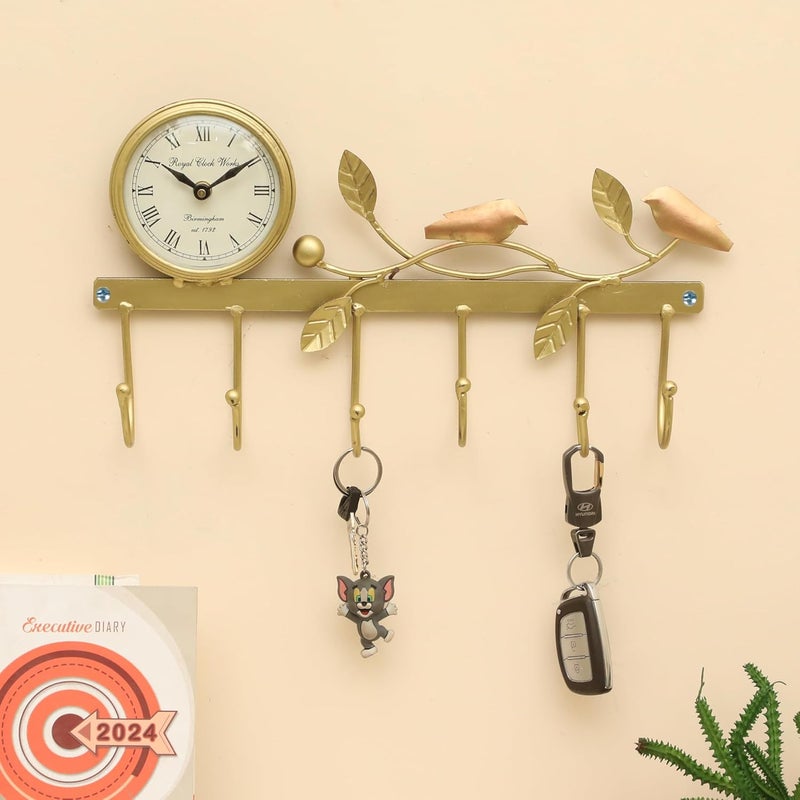 vedas Multicolor Metal Singing Bird on Tree with Clock Wall Hooks for Keys 6 Hooks RackHolder for Kitchen Utensil Wall Mounted Key Holder Key Rack Key Hanger Bathroom Towel Hooks - Image 1