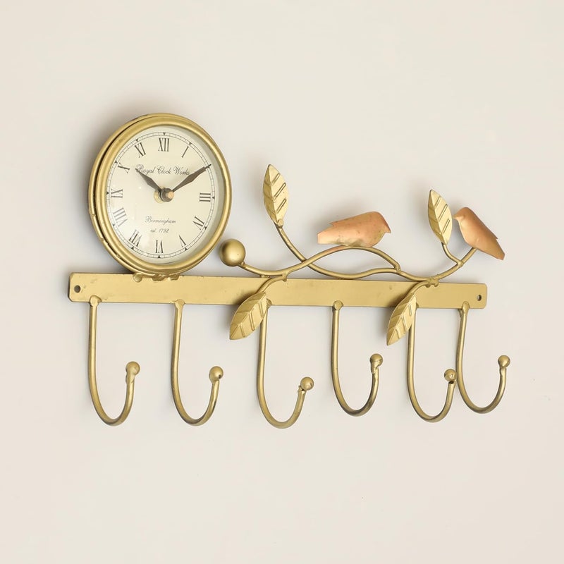 vedas Multicolor Metal Singing Bird on Tree with Clock Wall Hooks for Keys 6 Hooks RackHolder for Kitchen Utensil Wall Mounted Key Holder Key Rack Key Hanger Bathroom Towel Hooks - Image 2