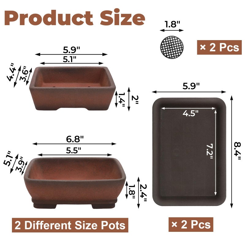ELFULLY 2 Pack Rectangle Bonsai Pots, 6" and 7" Bonsai Planter, Handmade Unglazed Ceramic Planters with 2 Match Humidity Trays 2 Drainage Mesh Pads, Bonsai Tree Training Kit for Garden Outdoor Indoor - Image 2