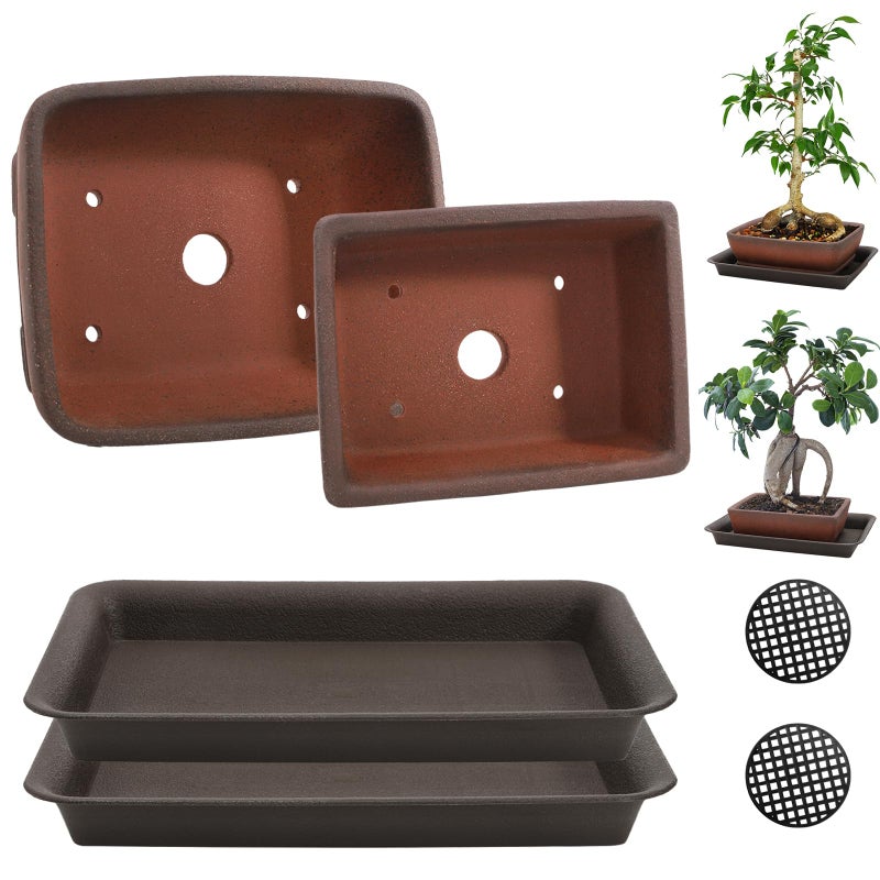 ELFULLY 2 Pack Rectangle Bonsai Pots, 6" and 7" Bonsai Planter, Handmade Unglazed Ceramic Planters with 2 Match Humidity Trays 2 Drainage Mesh Pads, Bonsai Tree Training Kit for Garden Outdoor Indoor - Image 1