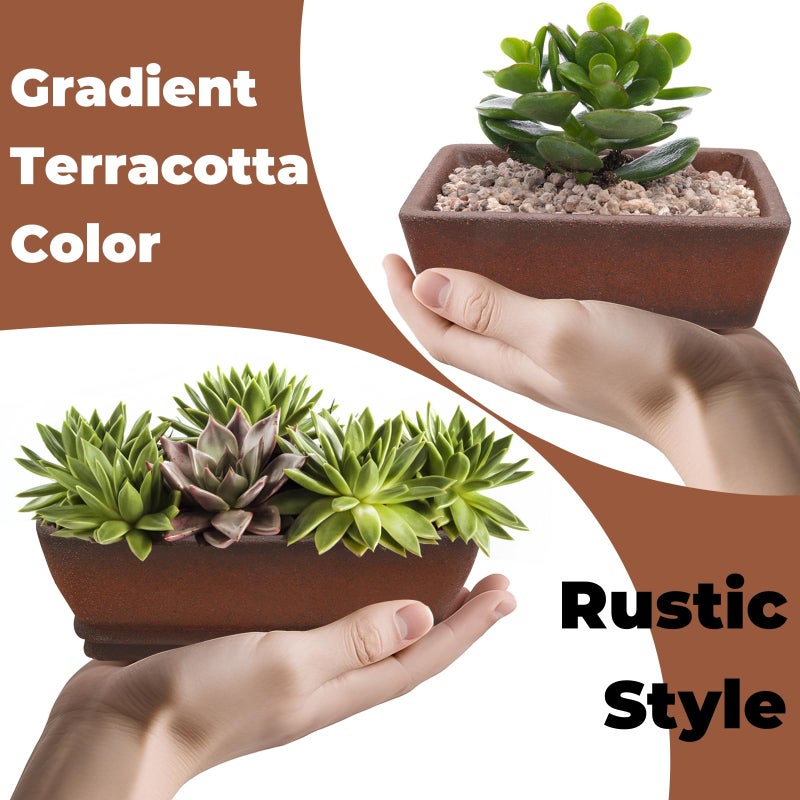 ELFULLY 2 Pack Rectangle Bonsai Pots, 6" and 7" Bonsai Planter, Handmade Unglazed Ceramic Planters with 2 Match Humidity Trays 2 Drainage Mesh Pads, Bonsai Tree Training Kit for Garden Outdoor Indoor - Image 3