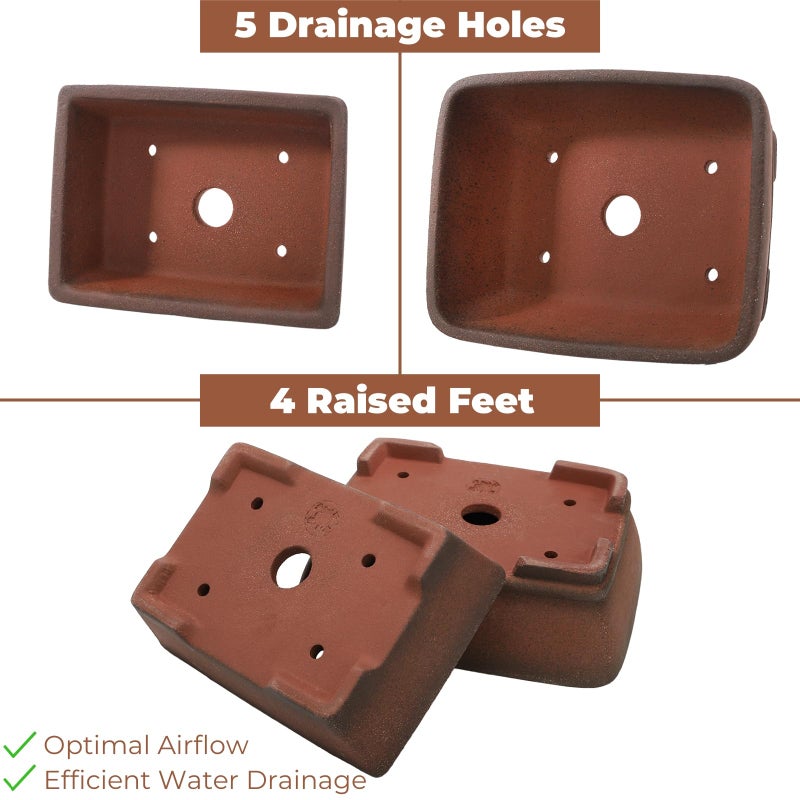 ELFULLY 2 Pack Rectangle Bonsai Pots, 6" and 7" Bonsai Planter, Handmade Unglazed Ceramic Planters with 2 Match Humidity Trays 2 Drainage Mesh Pads, Bonsai Tree Training Kit for Garden Outdoor Indoor - Image 4