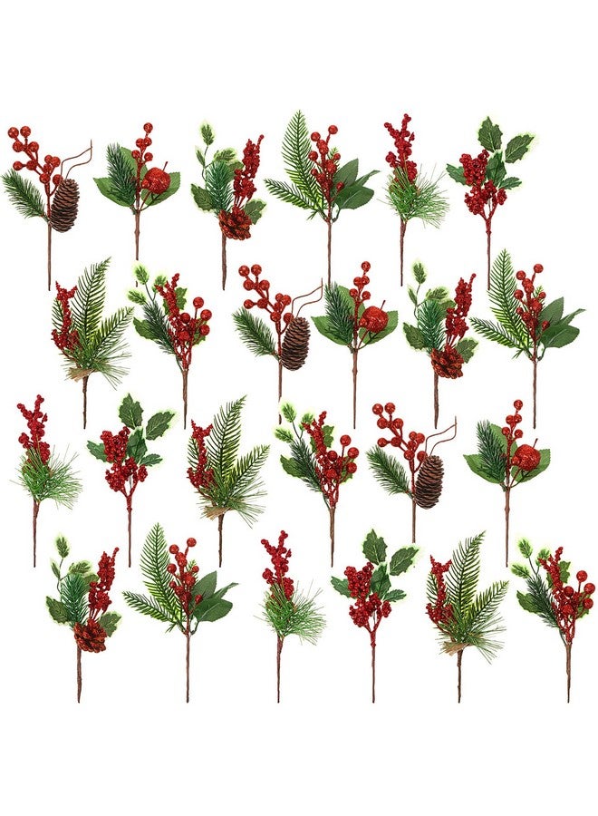 WILLBOND WILLBOND Artificial Christmas Tree Picks Red Berry Pine Picks Spray Berry Branches Holly Pine Flower Pick Berry Pinecones for Christmas Crafts Party Festive Home Decor (Festive Style,24 Pcs)  - Image 1
