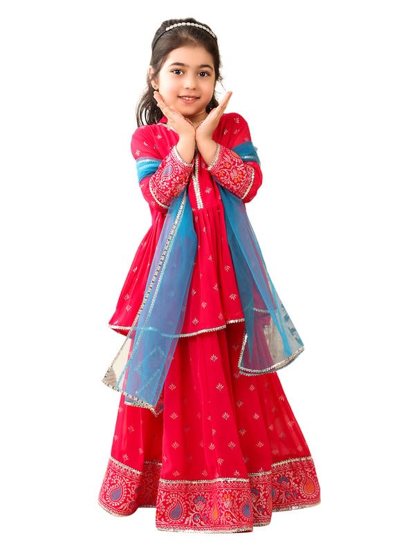 superminis Georgette Foil Print Full Sleeves Lehenga Choli for Girls with Net Dupatta (10-12 Years, Magenta) - Image 1