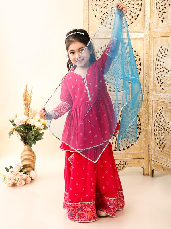 superminis Georgette Foil Print Full Sleeves Lehenga Choli for Girls with Net Dupatta (10-12 Years, Magenta) - Image 5