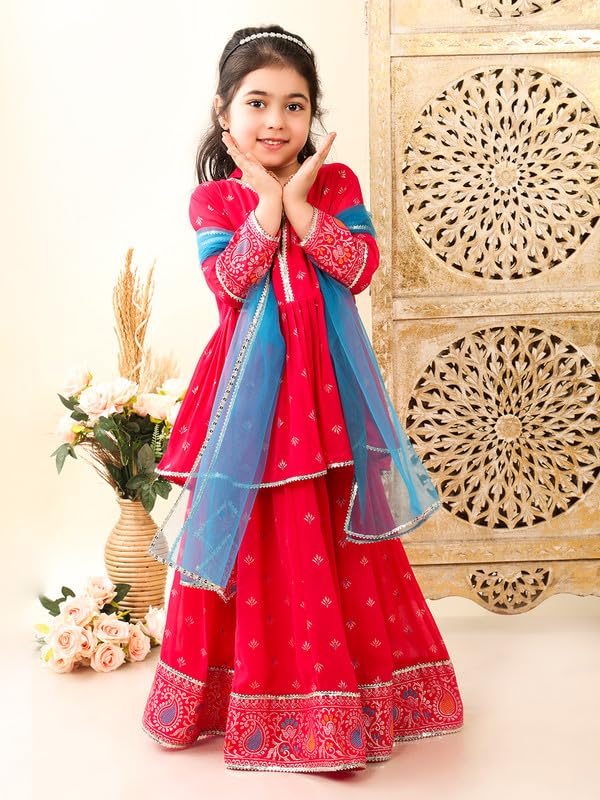 superminis Georgette Foil Print Full Sleeves Lehenga Choli for Girls with Net Dupatta (10-12 Years, Magenta) - Image 2