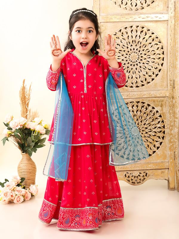 superminis Georgette Foil Print Full Sleeves Lehenga Choli for Girls with Net Dupatta (10-12 Years, Magenta) - Image 4