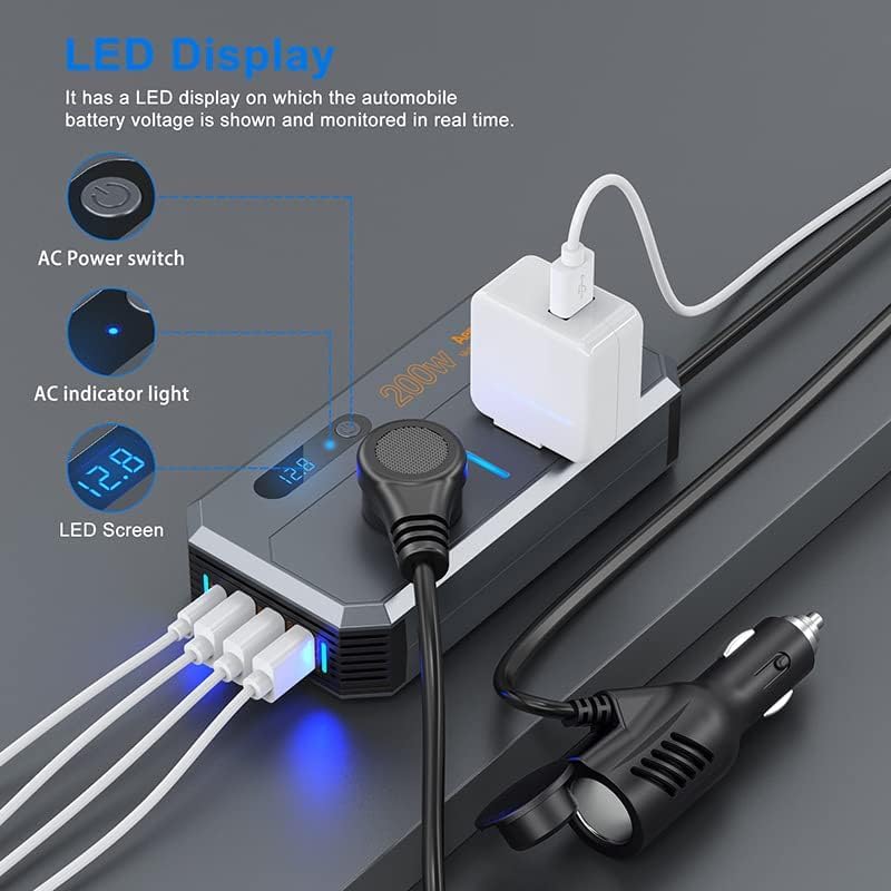 200W Car Power Inverter with 3 USB and 1 Type-C Ports, LED Screen - Image 3