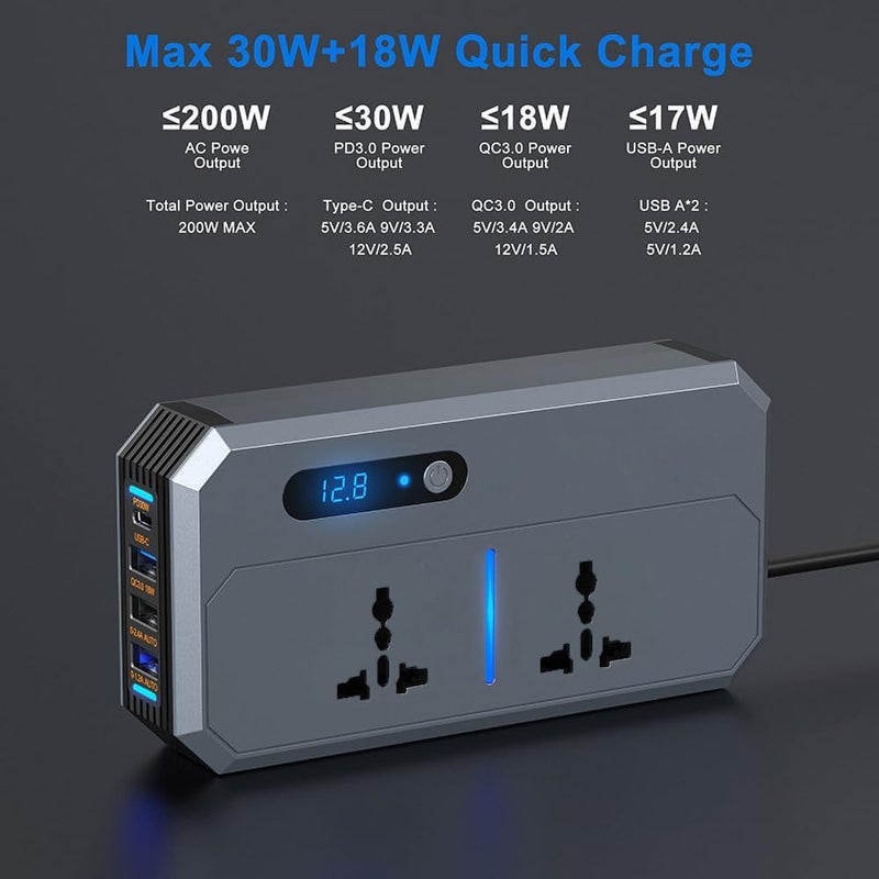 200W Car Power Inverter with 3 USB and 1 Type-C Ports, LED Screen - Image 2