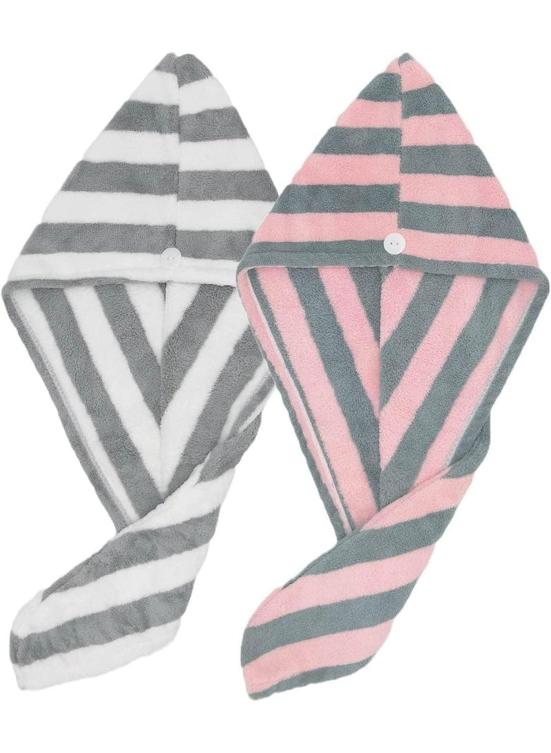 Microfiber Hair Towel, Turbans for Wet Hair, Curly Hair, Hair Drying Towel, Rabbit Ears Super Absorbent Assorted Colors 2 PCS (Striped) - Image 1
