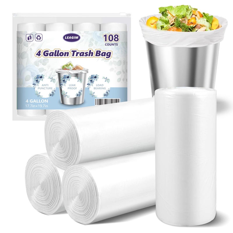 Small Trash Bags 4 Gallon 108 Count LeakageProof 4 Gallon Trash Bag Small Garbage Bags for Office Bedroom Bathroom Mini Trash Bags Unscented White 15L Small Trash Can Liners