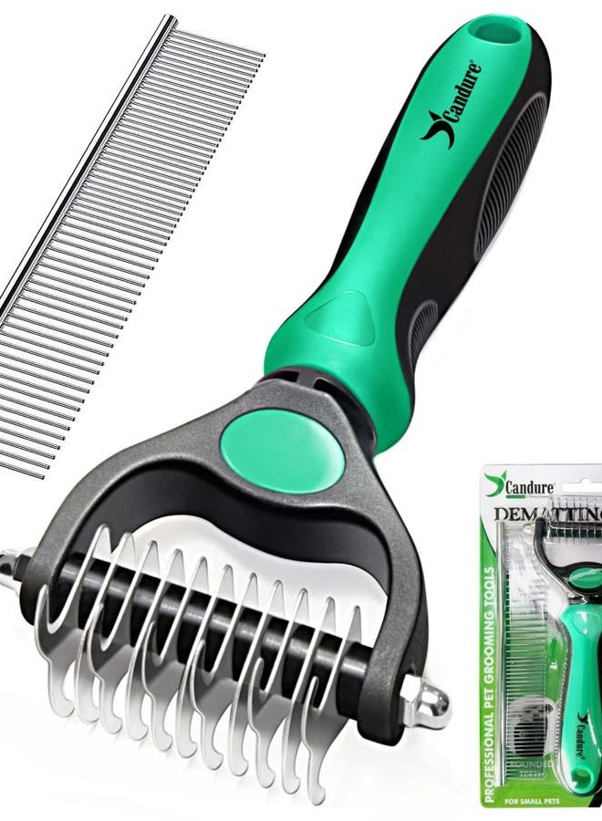 Candure Dematting Comb for Dog and Cat, Pet Grooming Rake and Brushes for Small & Medium Dogs 11+6 Double Sided Blade Deshedding Tool Removes Knots, Undercoat, Mats and Tangled Hair (Green) - Image 1