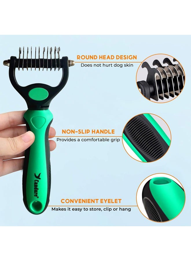 Candure Dematting Comb for Dog and Cat, Pet Grooming Rake and Brushes for Small & Medium Dogs 11+6 Double Sided Blade Deshedding Tool Removes Knots, Undercoat, Mats and Tangled Hair (Green) - Image 2