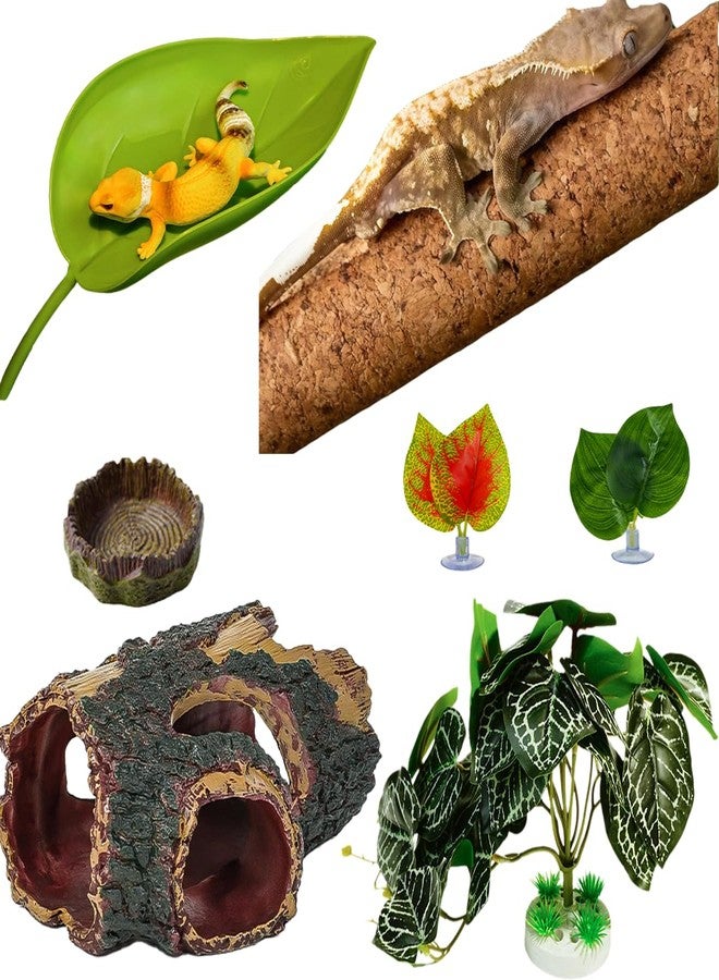 Drunmist Crested Gecko Tank Accessories, Hanging Plants, Reptile Hide Caves Simulation Tree Hideout, Cork Climbing Stick Reptiles,Feeding Ledge, Snakes, Hermit Crab, Leopard Gecko - Image 1
