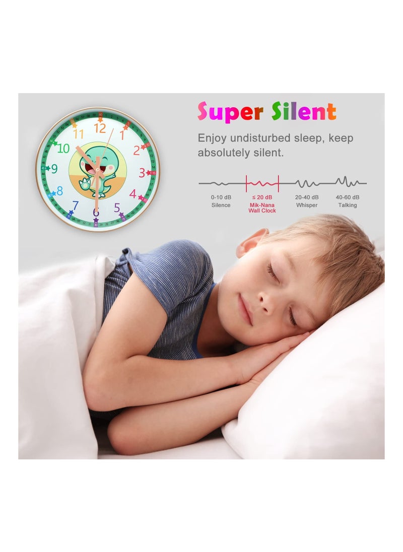 Generic Learning Clock for Kids, Telling Time Teaching Clock, Kids Room Wall Clocks, Silent Non Ticking Learn to Tell Time Clock, Colorful Wall Clock for Kids Room, Bedrooms, Playroom, School (Dinosaur)  - Image 3