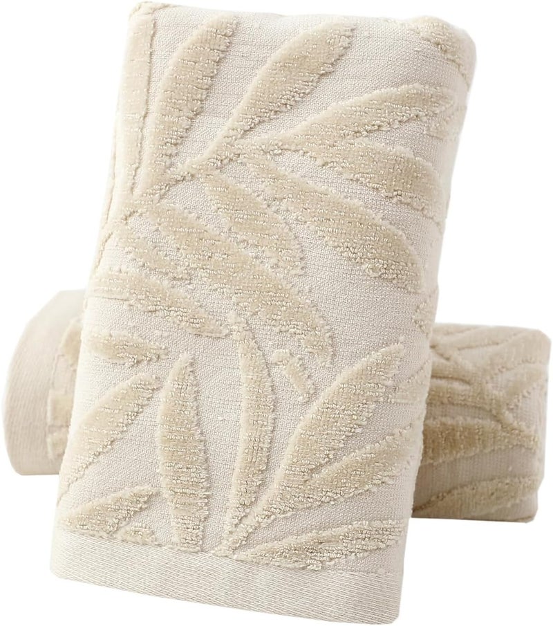 Pidada Hand Towels Set of 2 Leaf Pattern 100% Cotton Absorbent Soft Decorative Towel for Bathroom (Light Brown) - Image 1