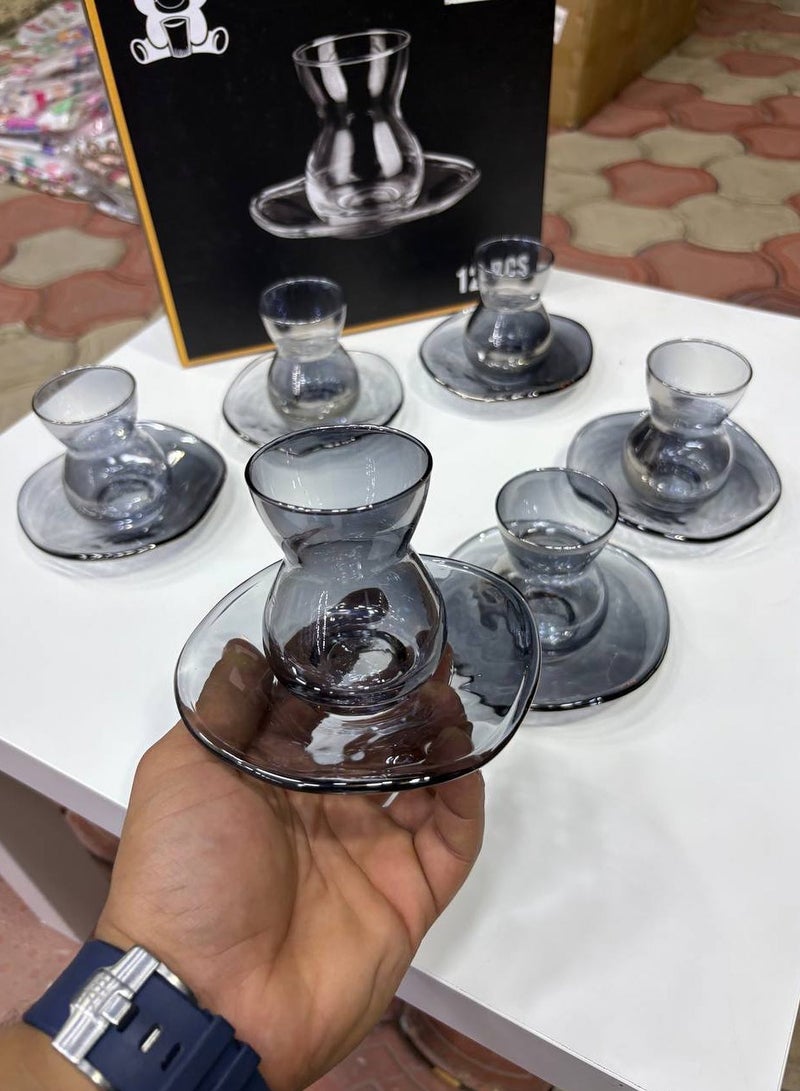 ☕Crystal tea set, distinctive Turkish wavy design, 6 cups 🥛 + 6 saucers 🍥, black tint - Image 1