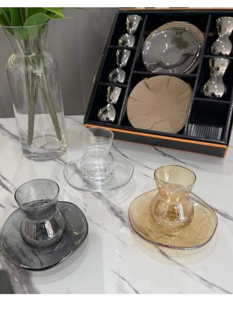 ☕Crystal tea set, distinctive Turkish wavy design, 6 cups 🥛 + 6 saucers 🍥, black tint - Image 3