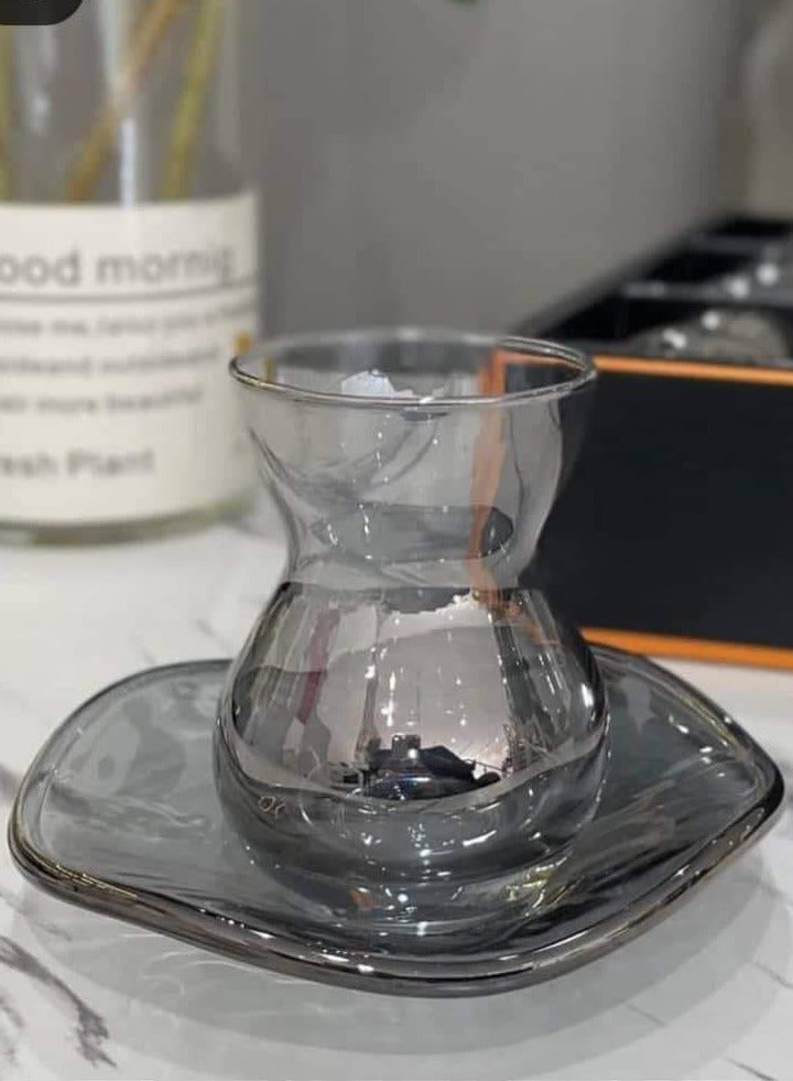 ☕Crystal tea set, distinctive Turkish wavy design, 6 cups 🥛 + 6 saucers 🍥, black tint - Image 4