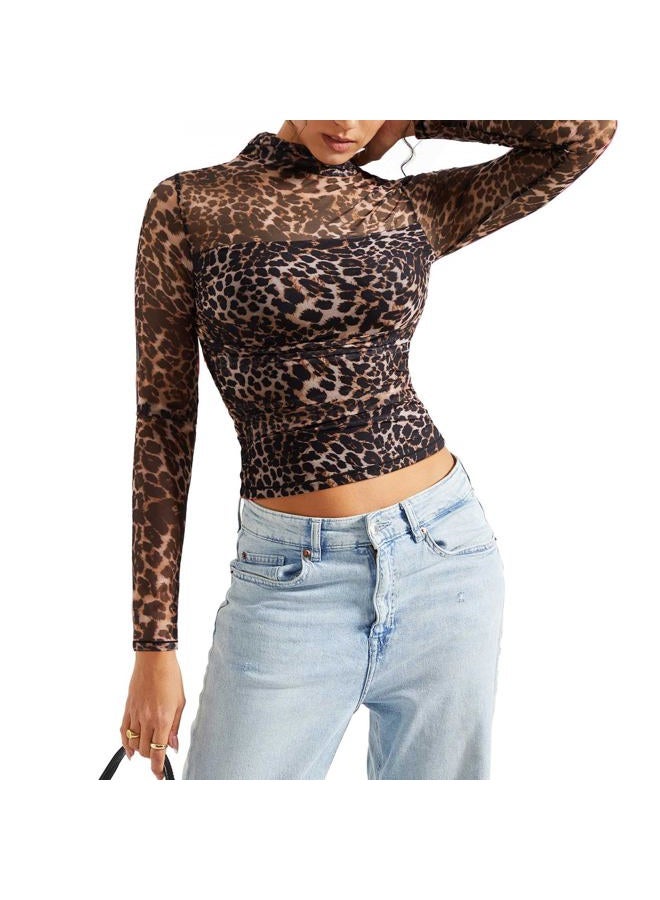 SUUKSESS Women Double Line Mesh Sheer Crop Tank Tops Mock Neck Long Sleeve Shirts, Leopard, XL - Image 3