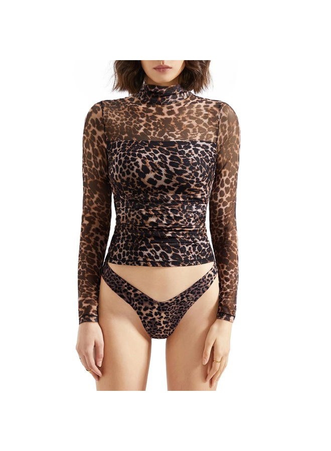 SUUKSESS Women Double Line Mesh Sheer Crop Tank Tops Mock Neck Long Sleeve Shirts, Leopard, XL - Image 1