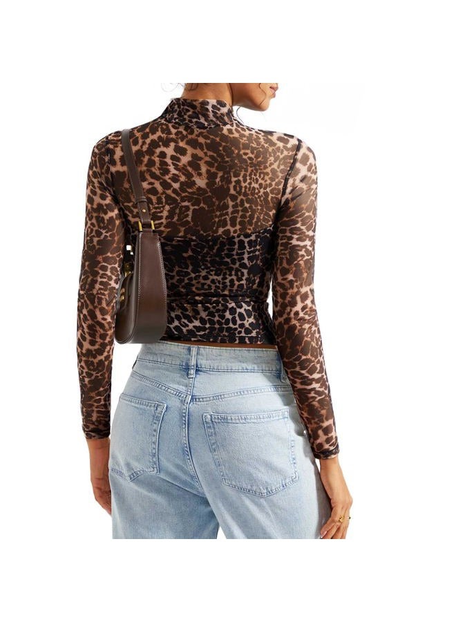 SUUKSESS Women Double Line Mesh Sheer Crop Tank Tops Mock Neck Long Sleeve Shirts, Leopard, XL - Image 5