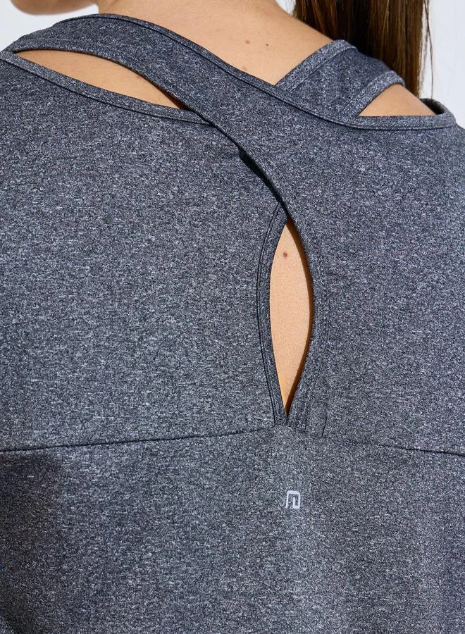 Styli Active Grey Grey Logo Melange Back Cut Panel short Sleeve Top for Women | Best Price UAE