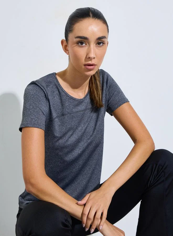 Styli Active Grey Logo Melange Back Cut Panel short Sleeve Top