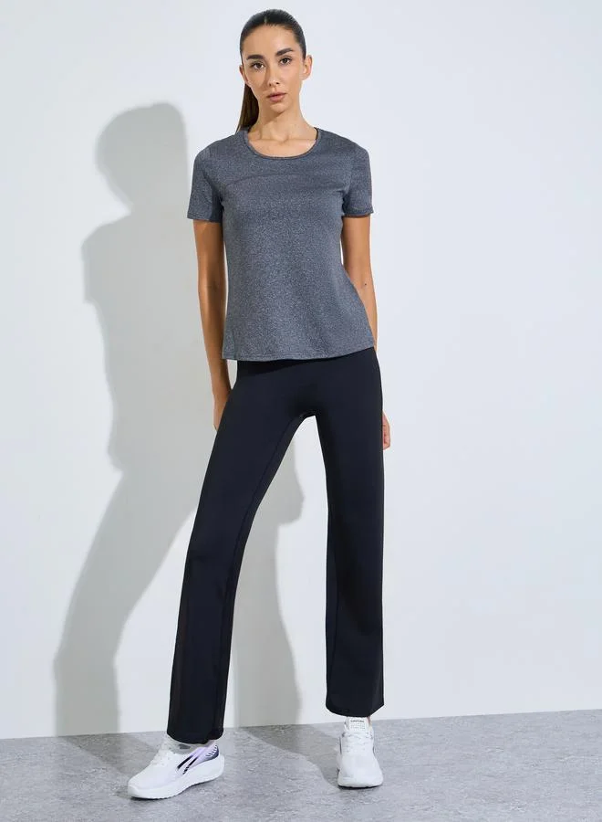 Styli Active Grey Logo Melange Back Cut Panel short Sleeve Top