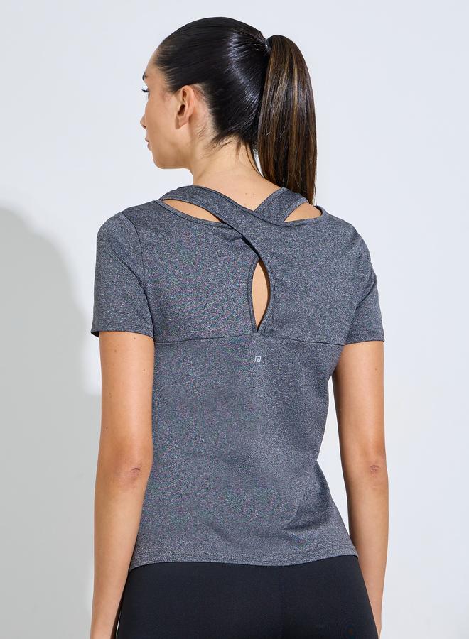 Styli Active Grey Logo Melange Back Cut Panel short Sleeve Top - Image 4