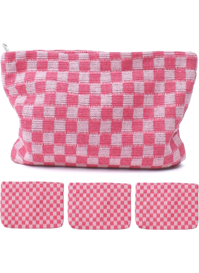 Marsrut 4Pcs Pink Checkered Makeup Bags, Cosmetic Toiletry Large Capacity Organizer Girly Trendy Cute Checker Zipper Pouches Purse For Storage Beauty Brushes Travel Women Aesthetic Accessories Car Essentials 