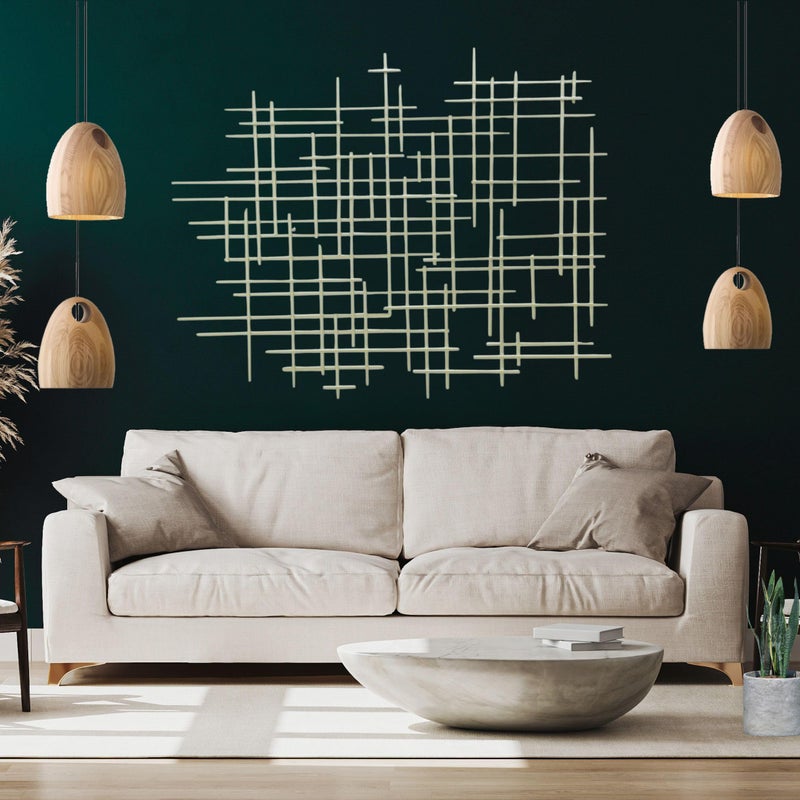 Bellaa بلا 27079 فن جدار معدني صليب هندسي تجريدي حديث معاصر 3D معلق من الحديد المطاوع تمثال بسيط لغرفة المعيشة في الهواء الطلق بوهو مزرعة ديكور منزلي شامبانيا ذهب فاتح كبير - Image 1