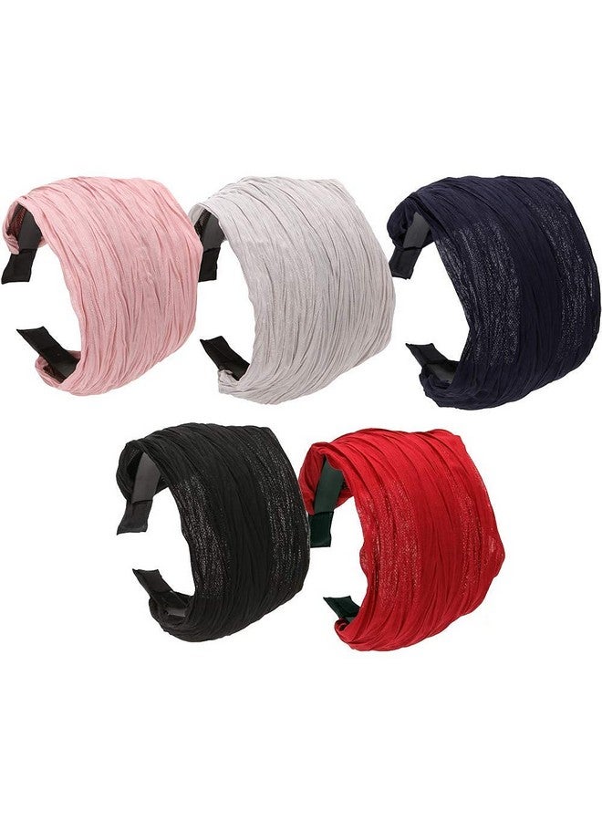 LONEEDY 5 عبوات من رباط رأس عريض صلب بأسنان للنساء والفتيات - إكسسوارات طوق شعر من قماش مطوي (ألوان مختلطة أ) - Image 2