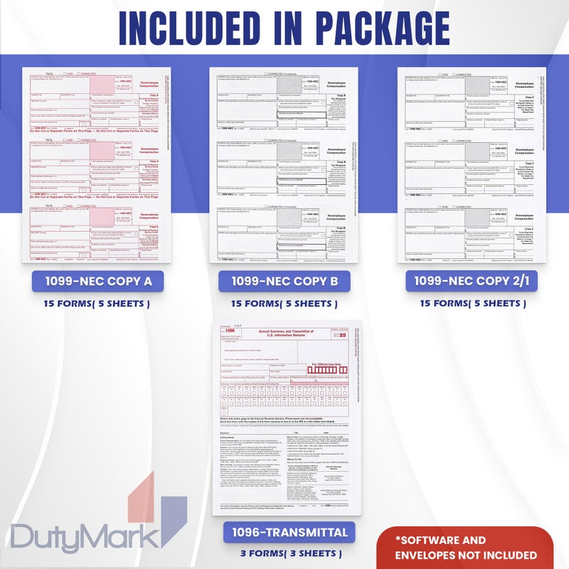 Dutymark 1099 NEC 2025 Tax Forms 3 Part Laser Tax Forms Kit,15 Pack of Federal/State Copy's, 1096's â€“Great for QuickBooks and Accounting Software, 15 Pack - Image 2