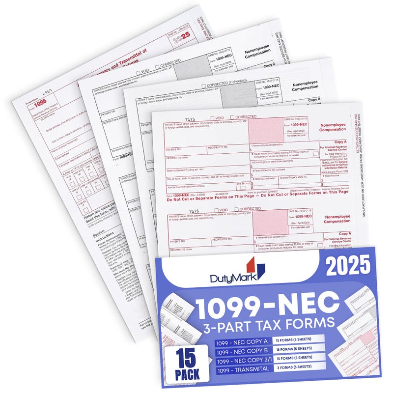 Dutymark 1099 NEC 2025 Tax Forms 3 Part Laser Tax Forms Kit,15 Pack of Federal/State Copy's, 1096's â€“Great for QuickBooks and Accounting Software, 15 Pack - Image 1