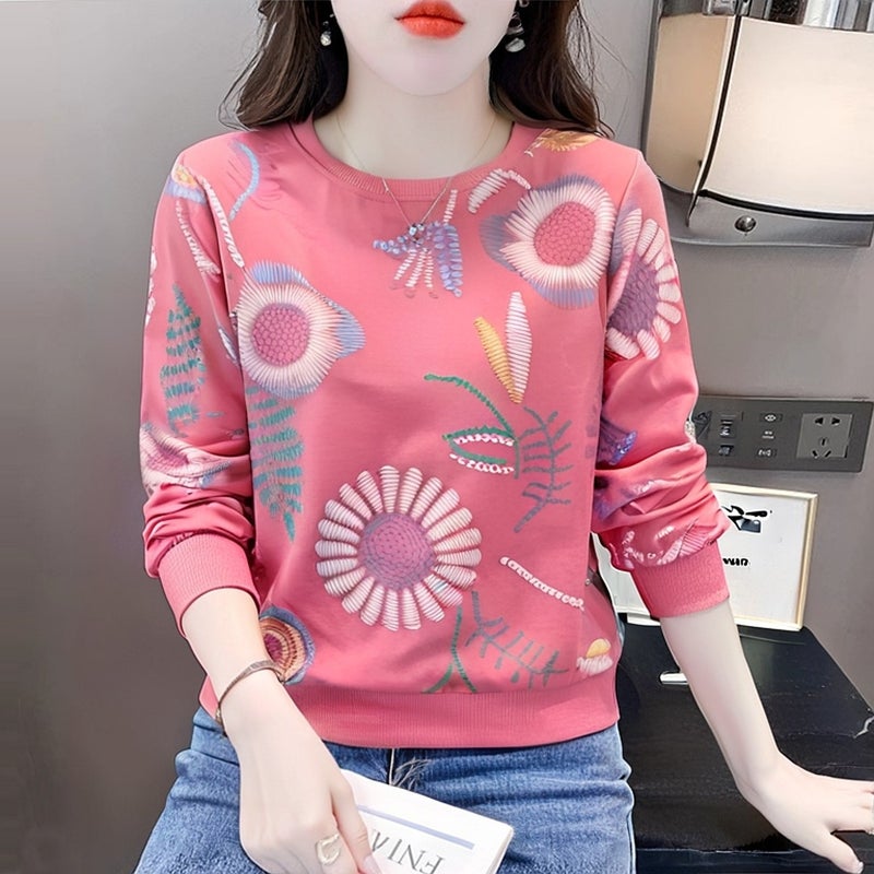 European loose top women's loose Korean print round neck long-sleeved T-shirt women's 2025 new spring T-shirt - Image 3