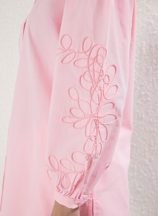 trendyol Pink Oversize Cotton Sleeves with Embroidery Detail Woven Shirt - Image 2