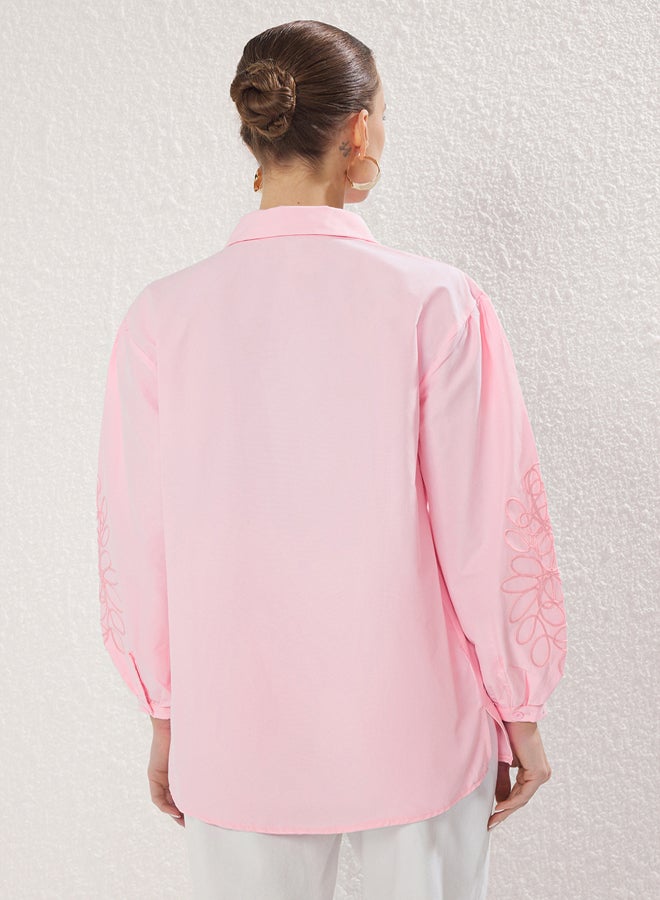 trendyol Pink Oversize Cotton Sleeves with Embroidery Detail Woven Shirt - Image 4