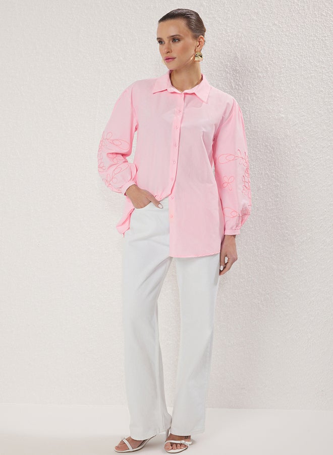 trendyol Pink Oversize Cotton Sleeves with Embroidery Detail Woven Shirt - Image 3