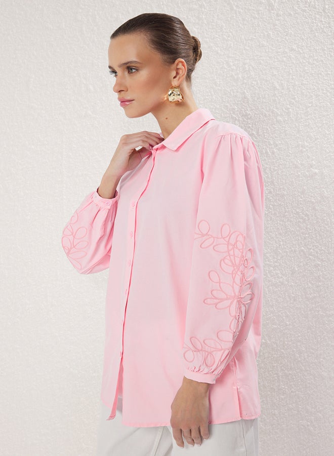 trendyol Pink Oversize Cotton Sleeves with Embroidery Detail Woven Shirt - Image 1